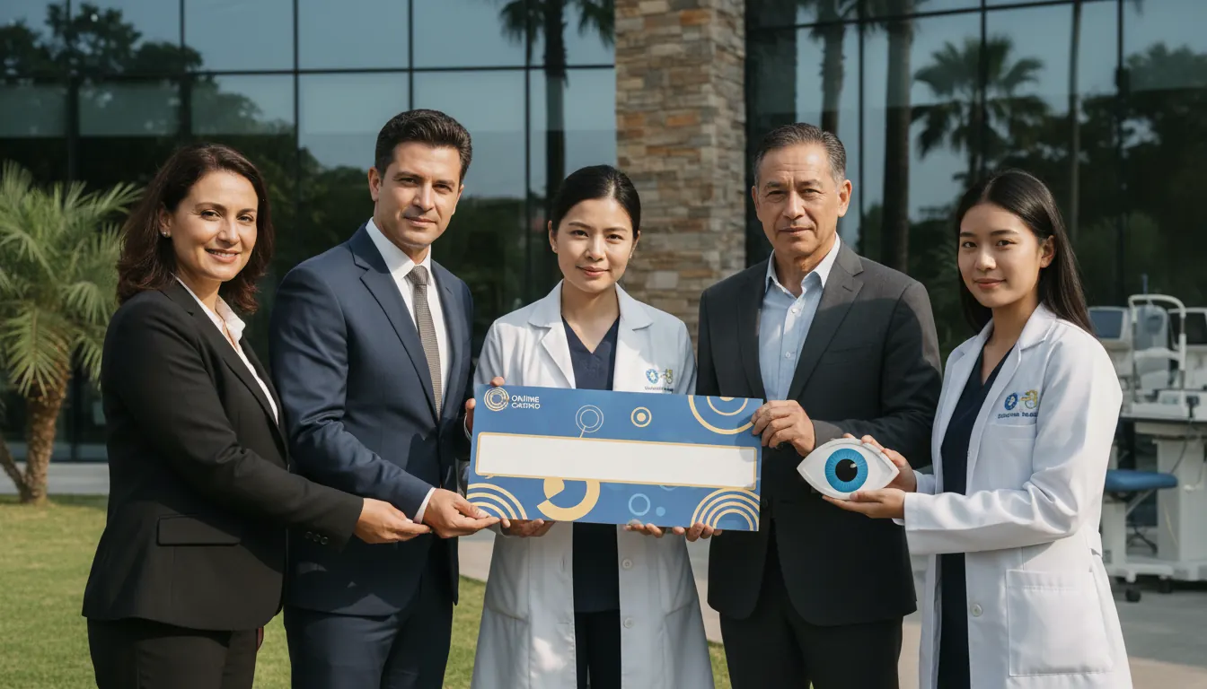Online casino charity program representatives presenting donation check to eye care organization