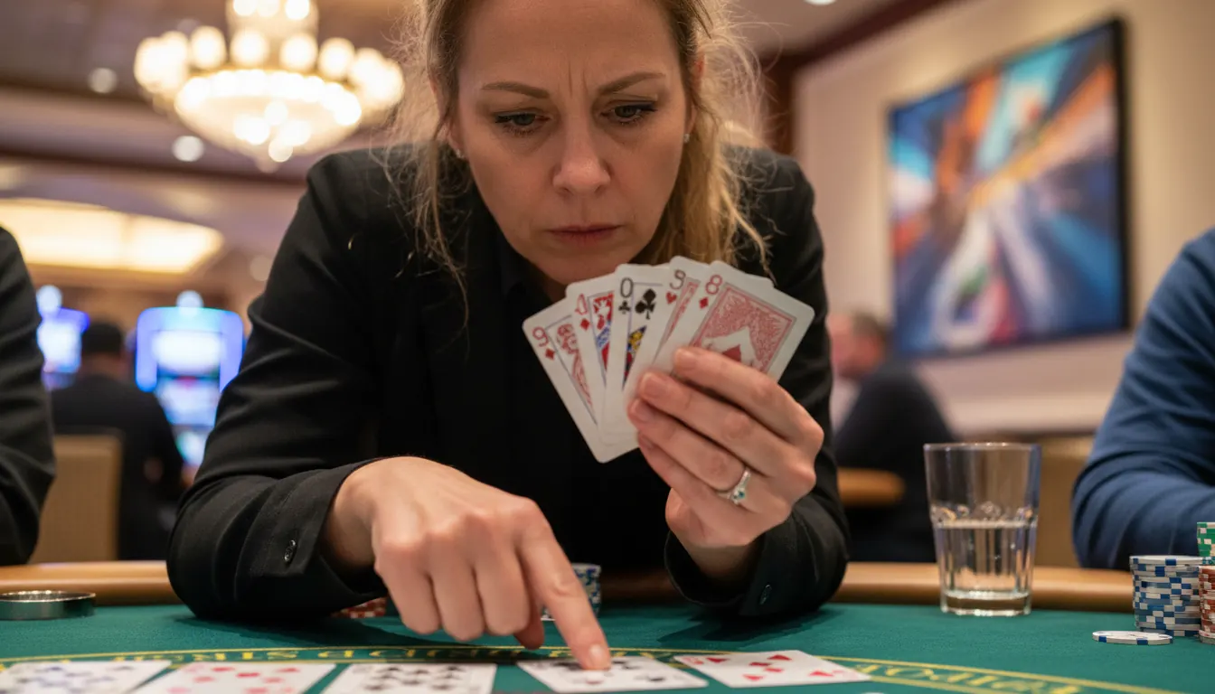 Casino dealer examining cards demonstrating need for clear near vision