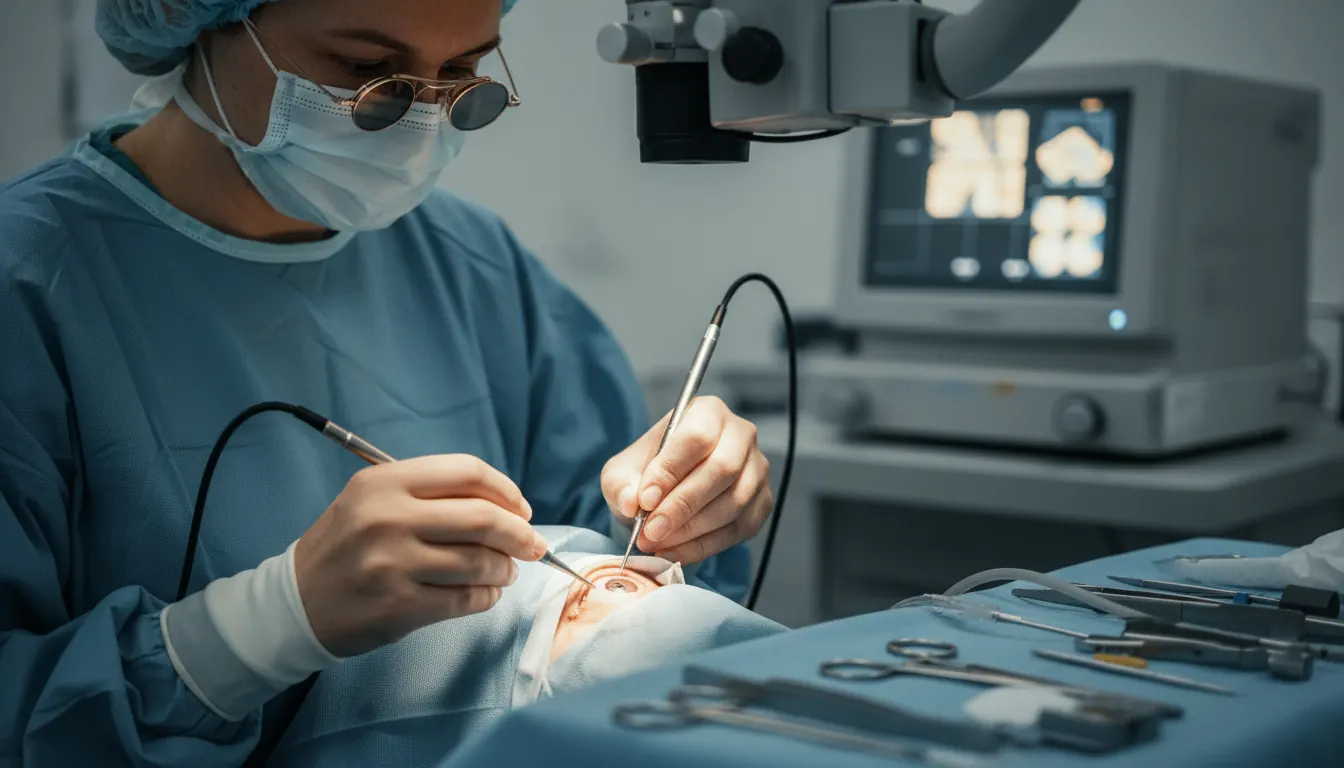 Surgeon performing cataract surgery using modern phacoemulsification equipment