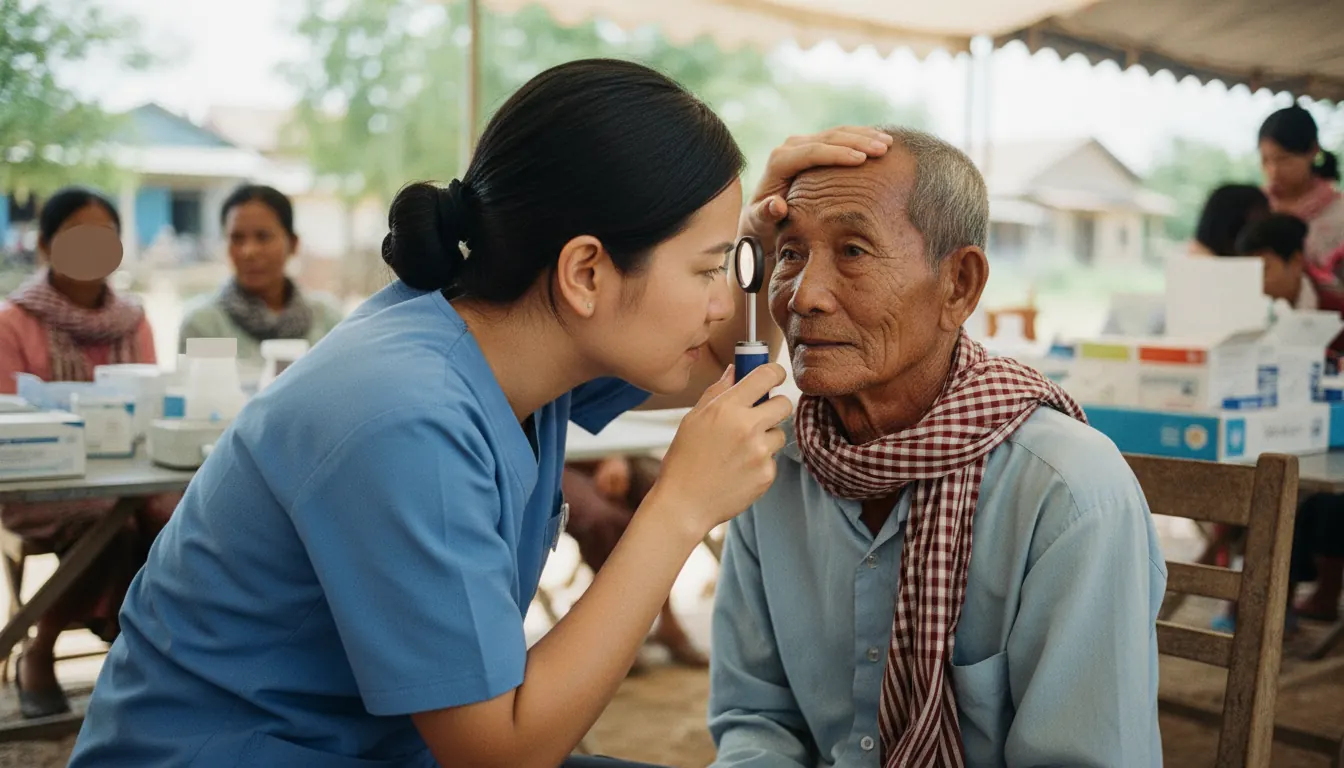 Eye care professional examining elderly Cambodian patient during rural medical mission