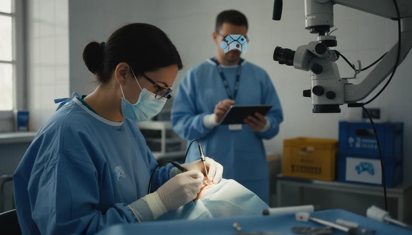 Medical volunteers funded by gaming industry partnership conducting eye surgery in rural clinic