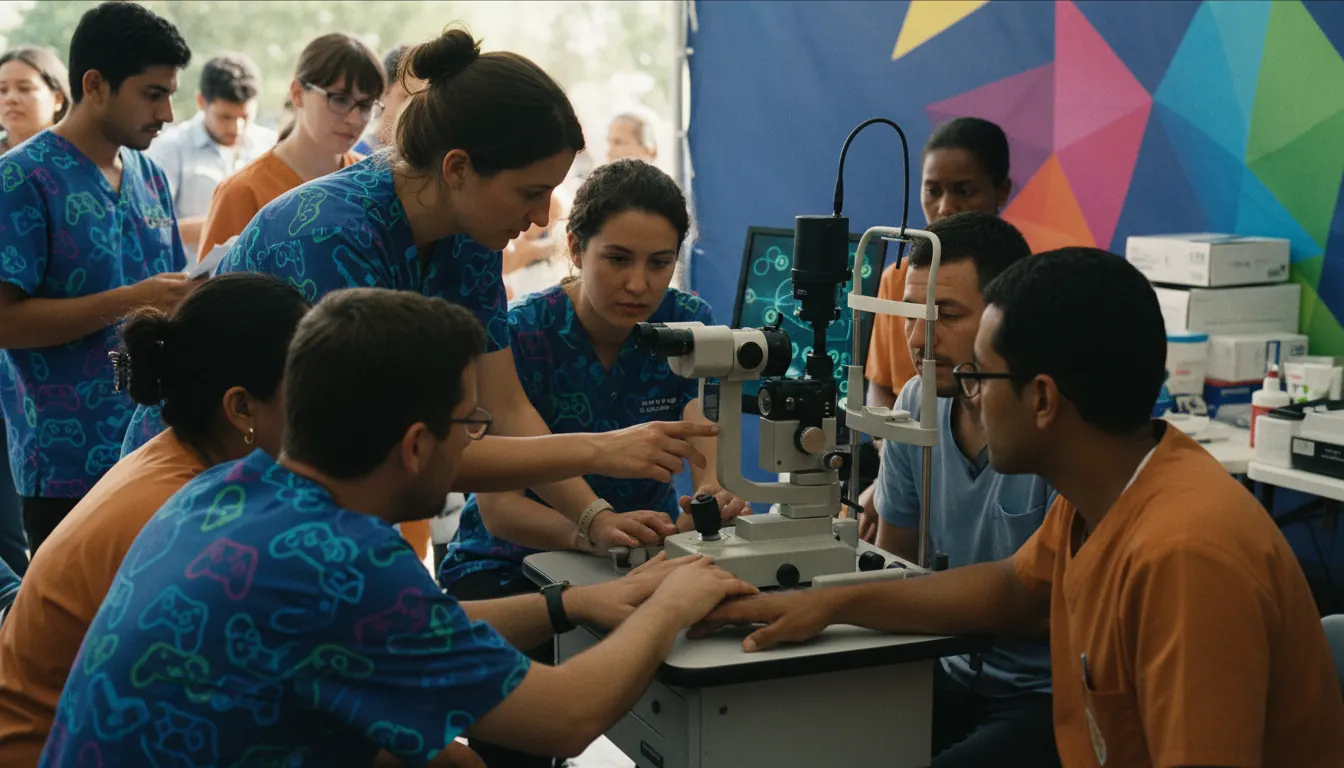 Local eye care professionals receiving training from international volunteers funded by gaming partnerships