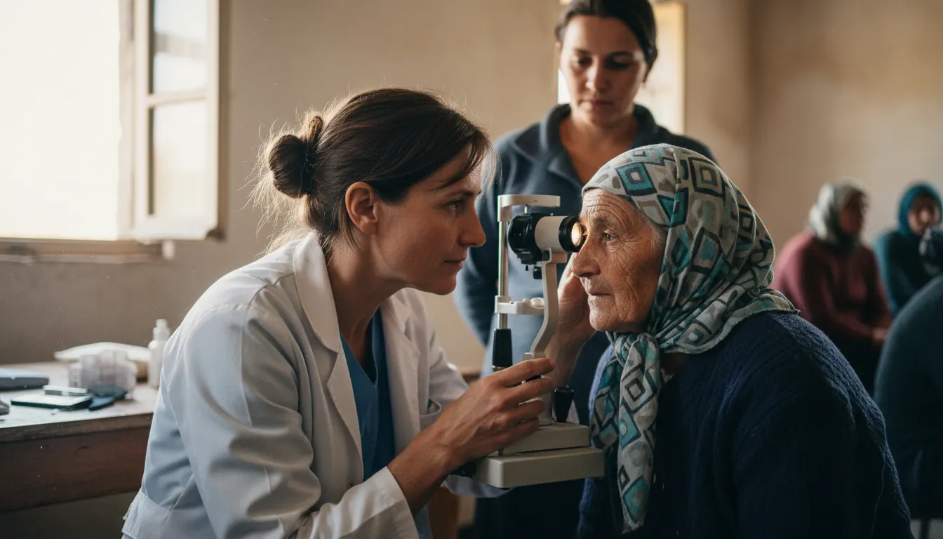Volunteer ophthalmologist examining patient in rural community health center