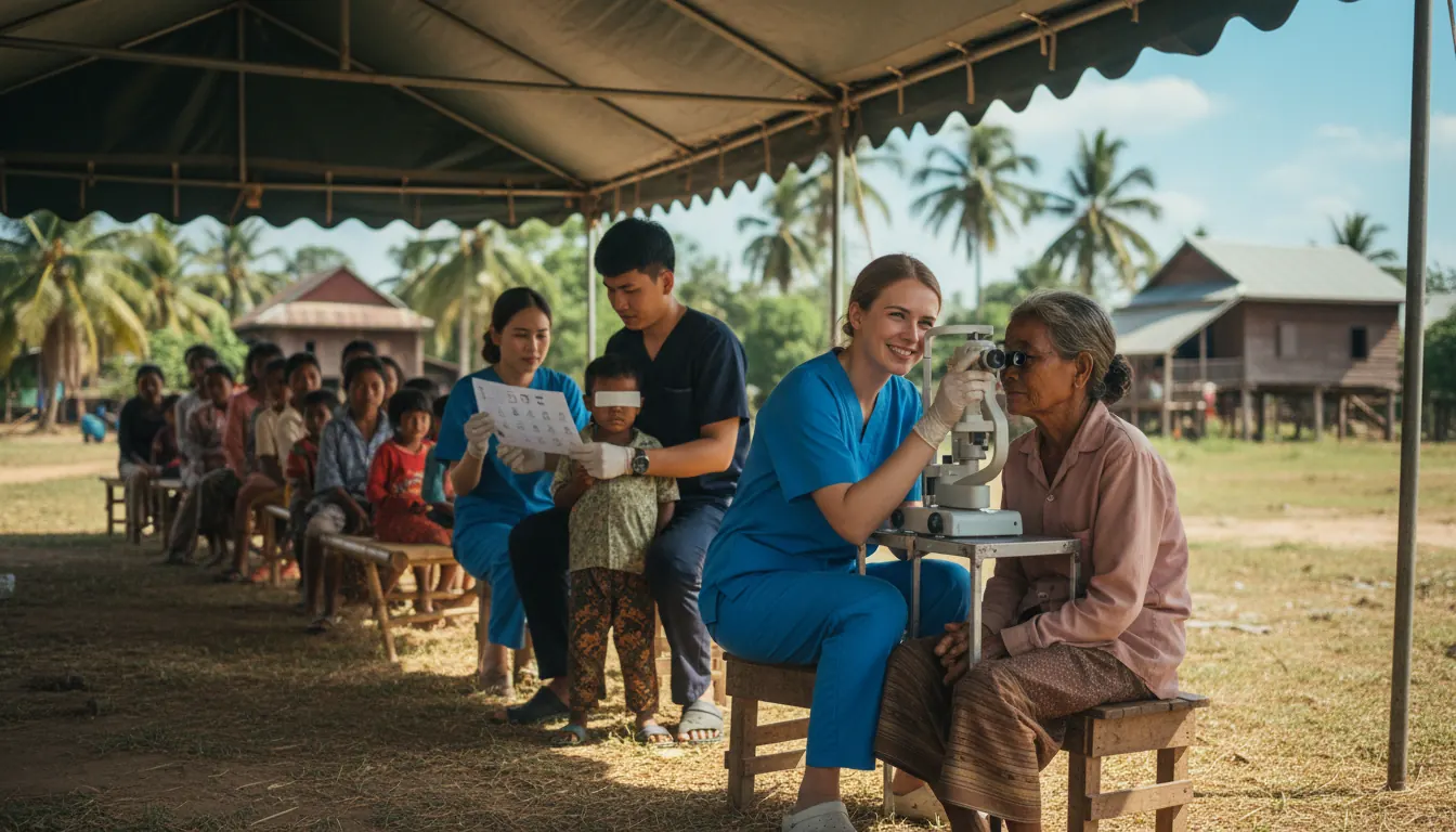 Medical volunteers providing eye examinations in rural Cambodian village